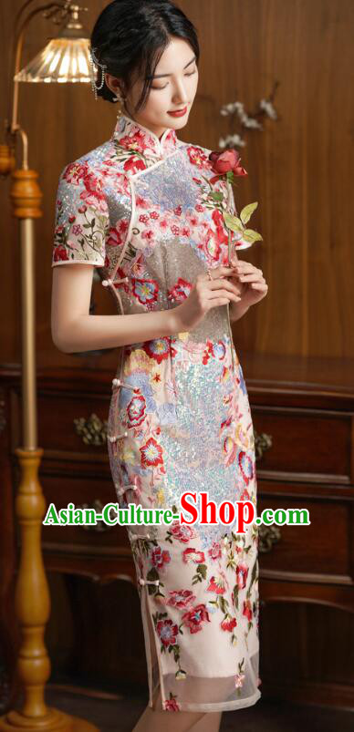 China Classical Cheongsam Clothing Elegant Embroidered Dress Shining Qipao Costume