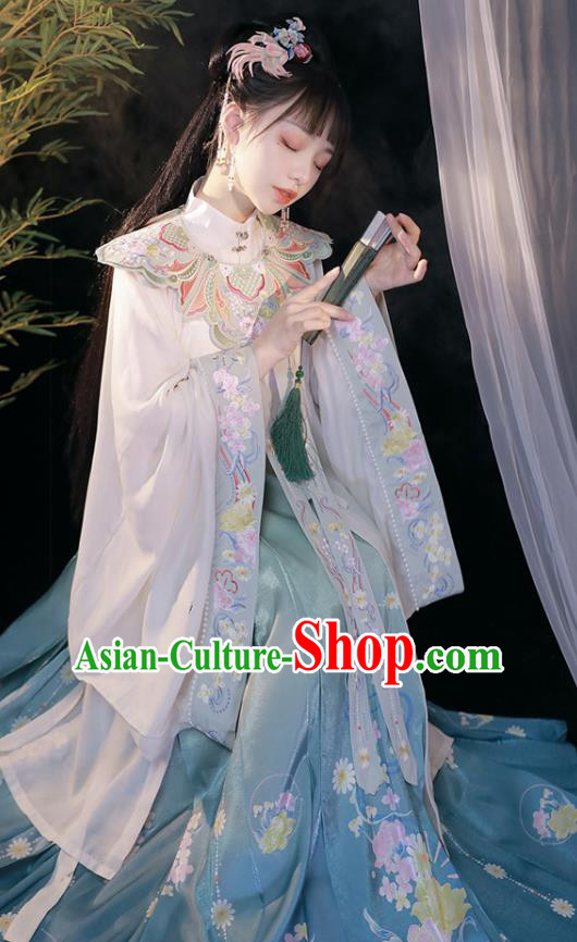 China Hanfu Embroidered Clothing Ming Dynasty Princess Blue Dresses Ancient Noble Lady Garment Costumes Complete Set