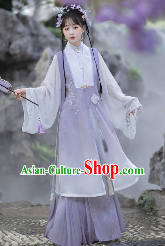 China Ming Dynasty Princess Lilac Dresses Ancient Young Woman Garment Costumes Hanfu Embroidered Clothing
