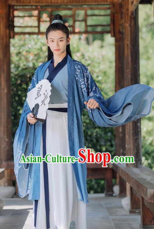 China Jin Dynasty Young Hero Clothing Ancient Swordsman Garment Costumes Blue Hanfu