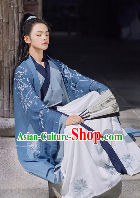 China Jin Dynasty Young Hero Clothing Ancient Swordsman Garment Costumes Blue Hanfu