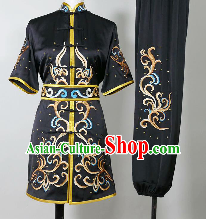 China Wushu Training Embroidered Clothing Kung Fu Tournament Black Uniform Martial Arts Changquan Performance Costume