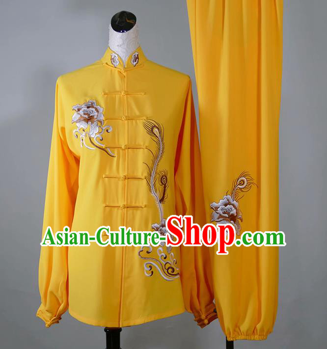 China Tai Chi Competition Yellow Uniform Martial Arts Performance Costume Taiji Tournament Embroidered Peony Clothing