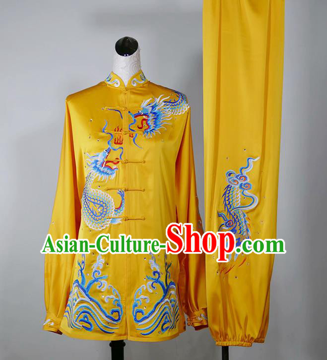 China Martial Arts Performance Costume Taiji Tournament Embroidered Dragon Clothing Tai Chi Competition Yellow Uniform