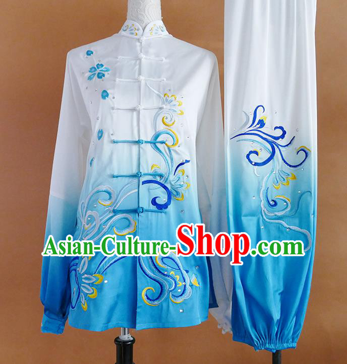 China Tai Chi Competition Blue Uniform Kung Fu Performance Costume Martial Arts Tournament Embroidered Clothing