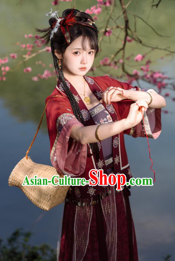 China Traditional Civilian Red Hanfu Dresses Ancient Village Girl Clothing Song Dynasty Young Woman Costumes
