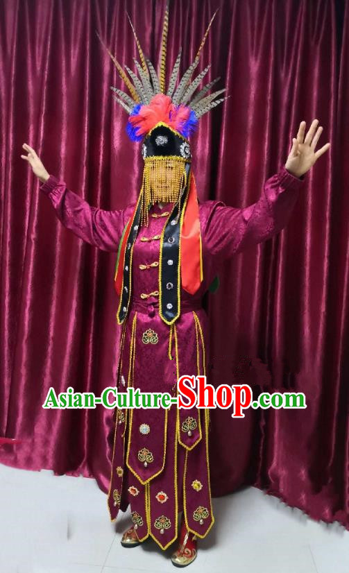 Chinese Folk Dance Clothing Sacrifice God Dancing Garments Witchcraft Performance Costumes and Headdress Complete Set