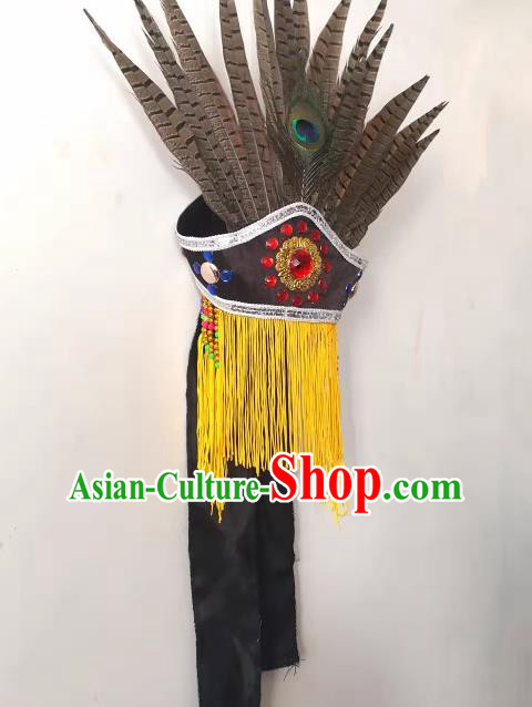 China Sacrifice Dance Headwear Drama God Hat Handmade Nuo Opera Feather Headpiece