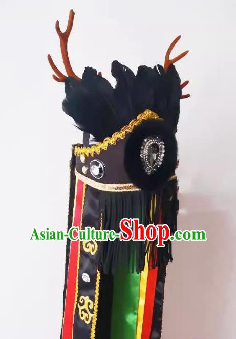 China Drama God Antlers Hat Handmade Nuo Opera Black Feather Headpiece Sacrifice Dance Headwear