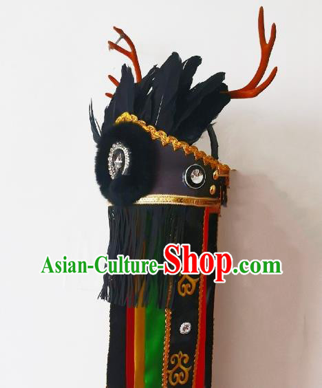China Drama God Antlers Hat Handmade Nuo Opera Black Feather Headpiece Sacrifice Dance Headwear