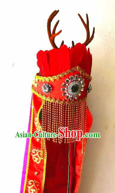 China Handmade Nuo Opera Red Feather Headpiece Sacrifice Dance Headwear Drama God Antlers Hat