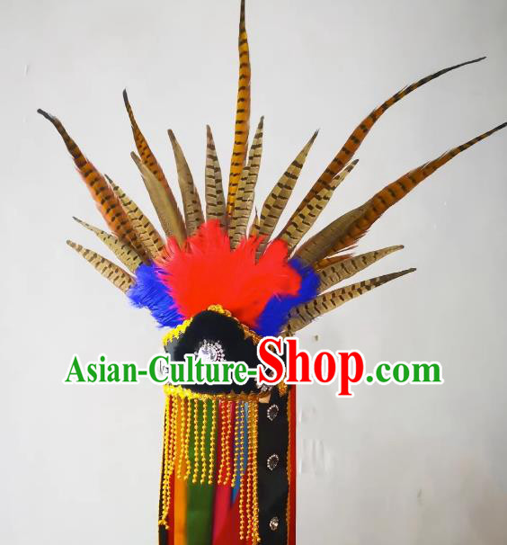China Sacrifice Dance Headwear Drama God Feather Hat Handmade Nuo Opera Master Headpiece