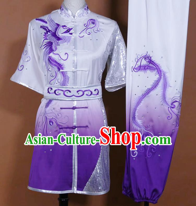 China Martial Arts Performance Costume Wushu Competition Embroidered Phoenix Clothing Kung Fu Gradient Purple Uniform