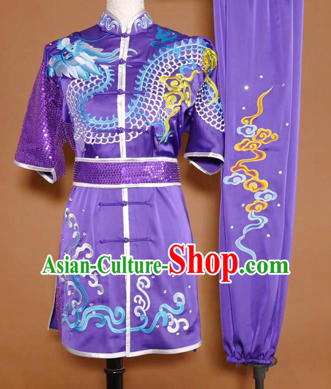 China Martial Arts Performance Costume Wushu Embroidered Dragon Clothing Kung Fu Competition Purple Uniform