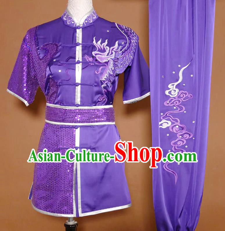 China Kung Fu Competition Purple Uniform Martial Arts Performance Costume Wushu Tournament Embroidered Dragon Clothing