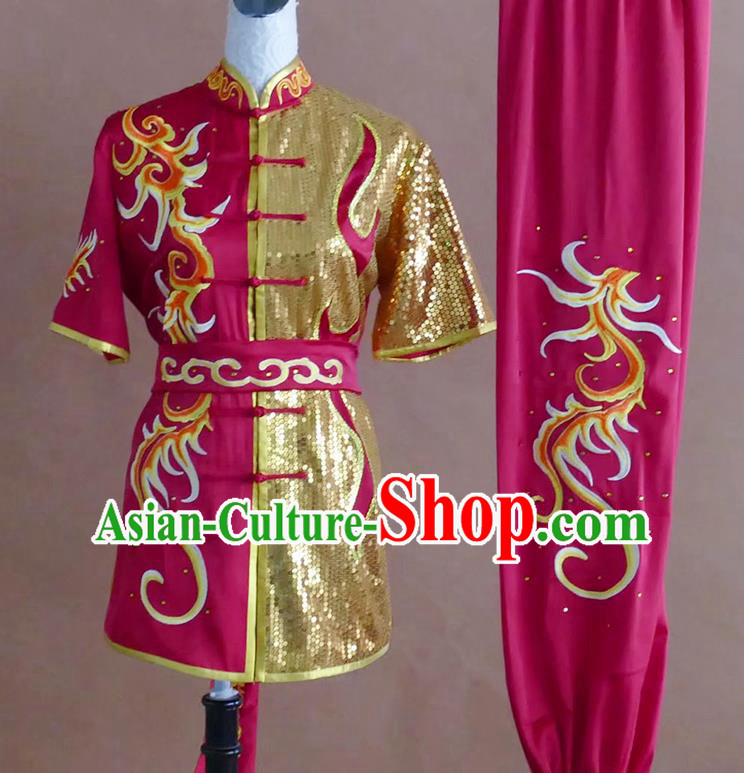 China Changquan Performance Costume Wushu Tournament Embroidered Clothing Kung Fu Competition Megenta Uniform Martial Arts Outfit
