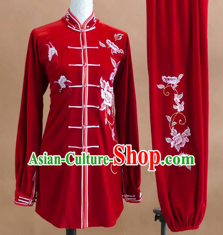 China Martial Arts Performance Costume Tai Chi Taijiquan Tournament Embroidered Clothing Kung Fu Competition Red Velvet Uniform