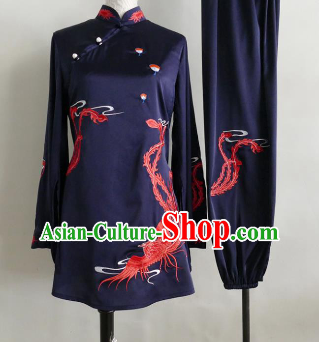 China Martial Arts Performance Costume Tai Chi Training Embroidered Phoenix Clothing Female Kung Fu Tournament Navy Uniform