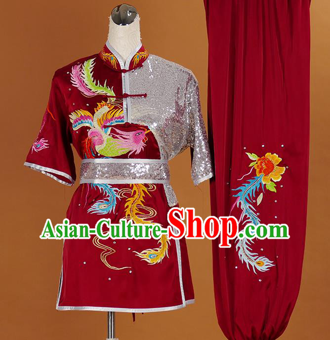 Chinese Wushu Tournament Uniform Kongfu Clothes Chang Quan Performance Dark Red Outfit Martial Arts Competition Clothing
