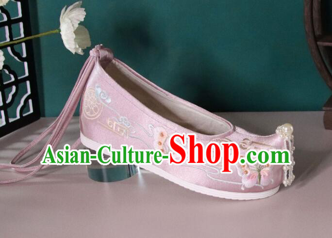 Chinese Hanfu Shoes Pink Satin Embroidered Shoes Ancient Princess Shoes