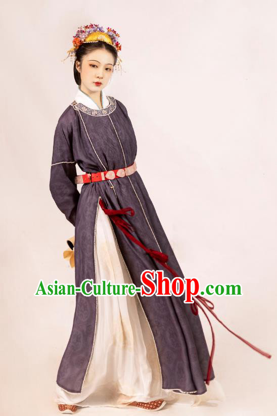Chinese Traditional Hanfu Ancient Court Woman Garment Costumes Song Dynasty Purple Round Collar Robe Skirt Complete Set