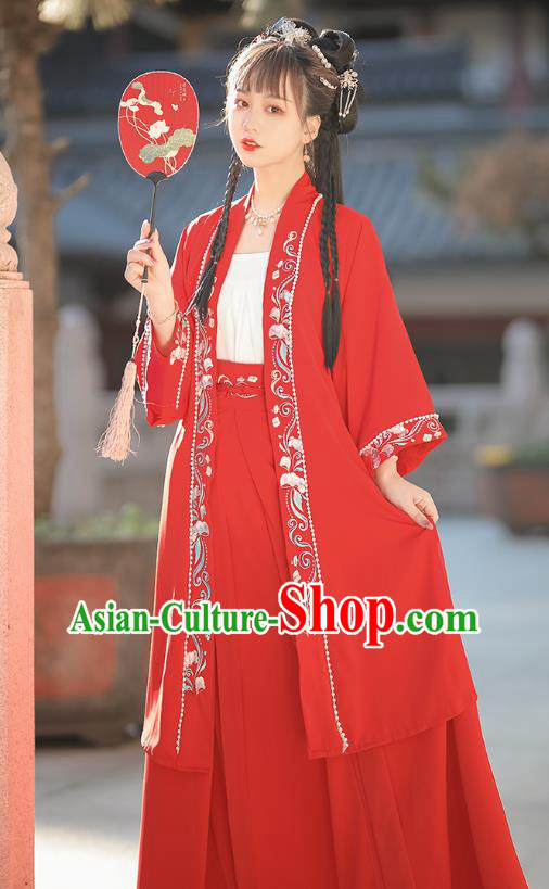 China Traditional Young Lady Hanfu Dresses Ancient Woman Clothing Song Dynasty Red Garment Costumes