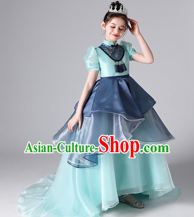 Girl Catwalks Costume Princess Birthday Blue Full Dress Top Model Contest Fashion Children Day Show Clothing