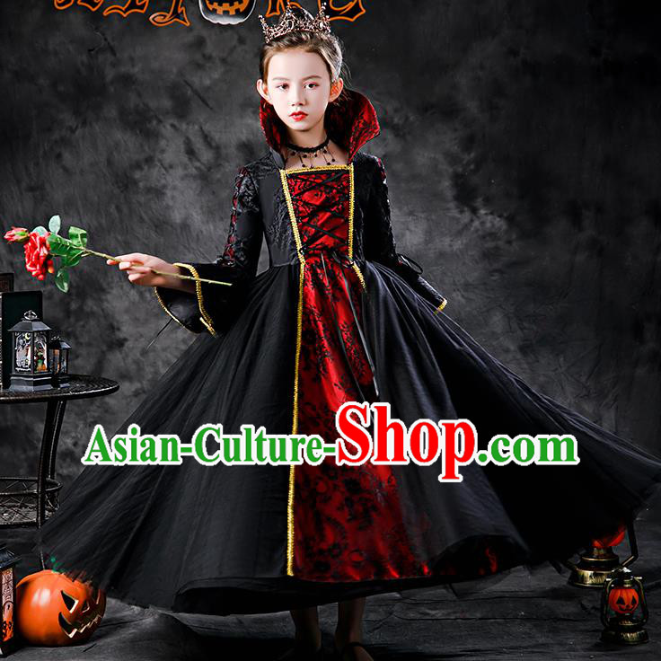 Kid Performance Black Dress Halloween Queen Clothing Girl Stage Show Costume Cosplay Witch Fashion