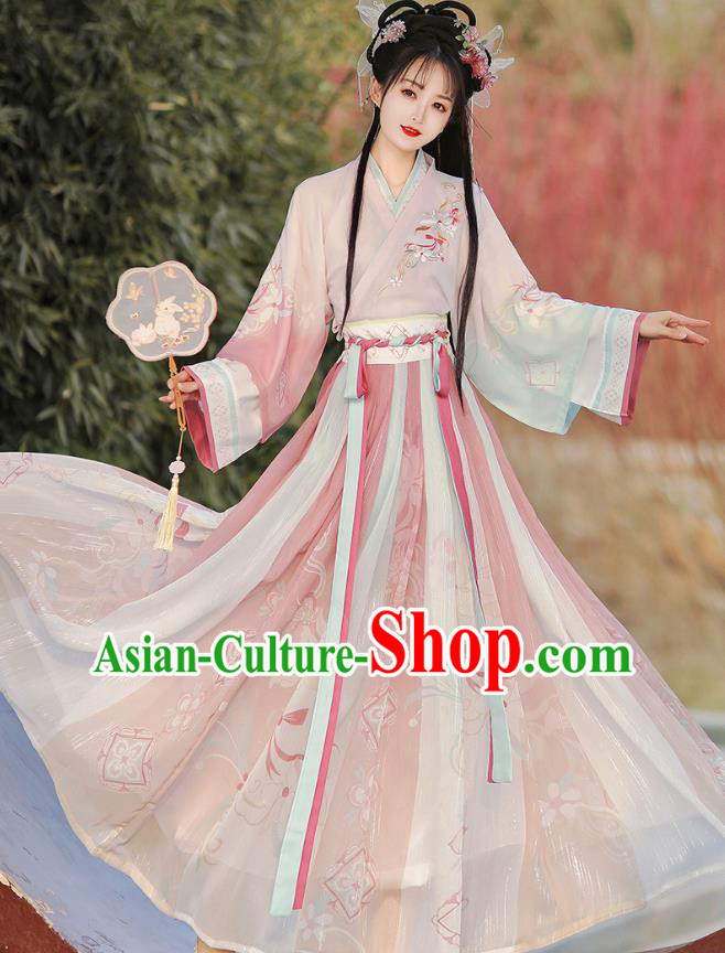 China Traditional Woman Pink Hanfu Dress Ancient Young Lady Costumes Jin Dynasty Princess Clothing