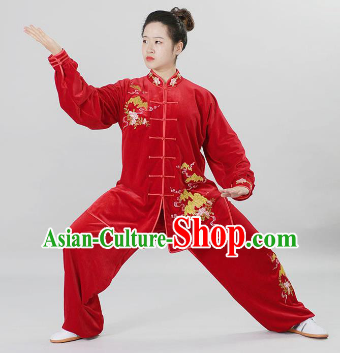 Chinese Martial Arts Clothing Winter Taiji Quan Training Uniform Wushu Competition Clothes Female Tai Chi Red Velvet Suit