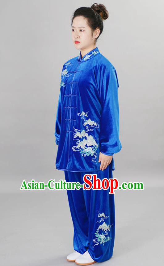 Chinese Female Tai Chi Royal Blue Velvet Suit Martial Arts Clothing Winter Taiji Quan Training Uniform Wushu Competition Clothes