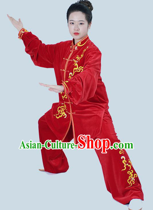 Chinese Taiji Chuan Clothes Female Kung Fu Red Velvet Suit Martial Arts Clothing Winter Tai Chi Training Uniform