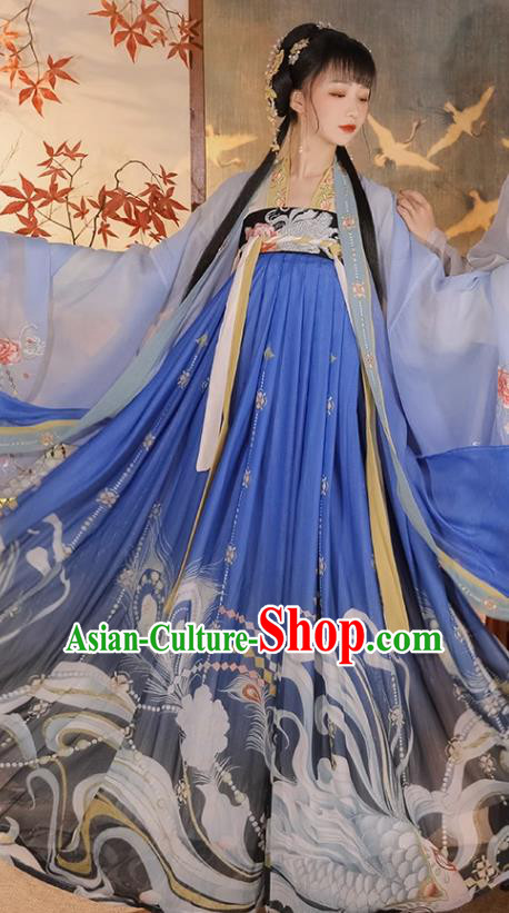 Ancient China Traditional Hanfu Runqun Blue Dress Fairy Costumes Tang Dynasty Woman Clothing