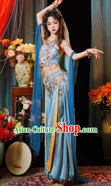 China Ethnic Dance Costumes Ancient Western Regions Lou Lan Princess Blue Outfit Dunhuang Dance Clothing