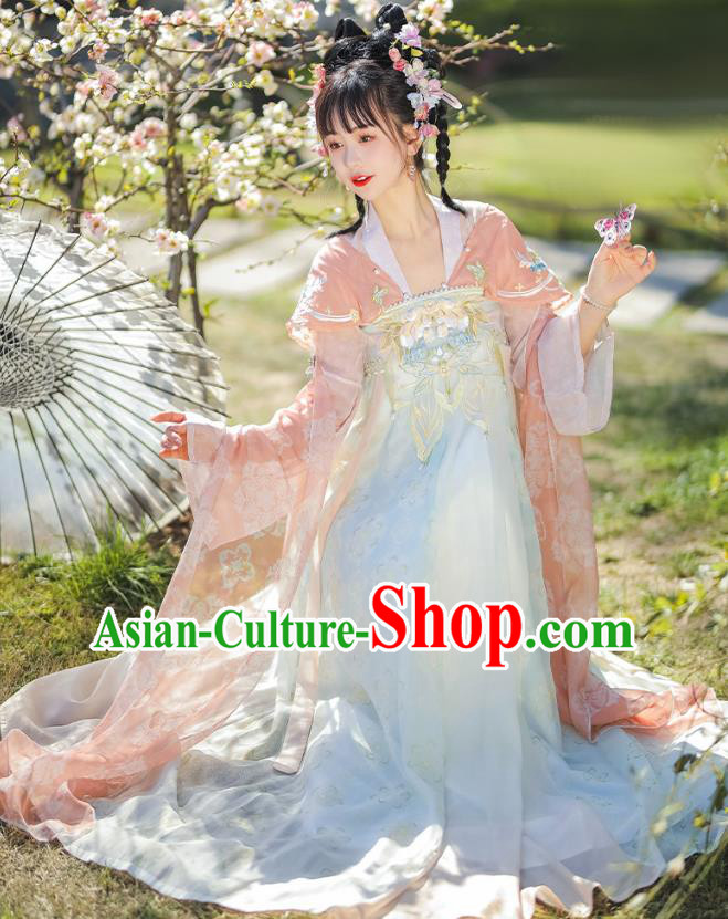 China Tang Dynasty Woman Clothing Traditional Hanfu Costumes Ancient Young Lady Pink Dresses