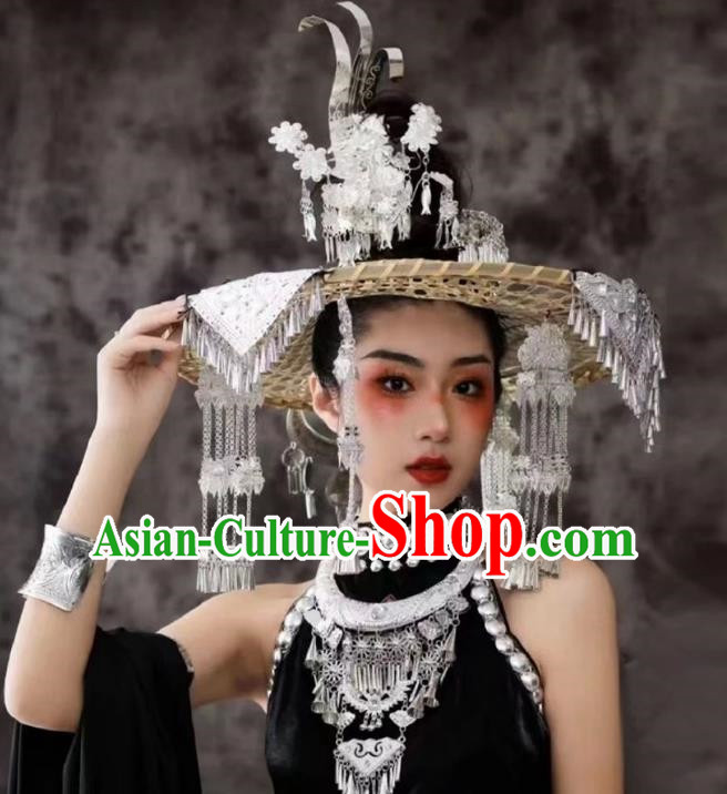 Miao Nationality Silver Hat Handmade Bucket Hat Miao Nationality Tujia Decorative Hat Phoenix Travel Photography Props Clothing
