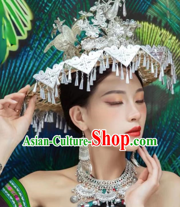 Miao Nationality Silver Hat Handmade Bucket Hat Miao Nationality Tujia Decorative Hat Phoenix Travel Photography Props Clothing