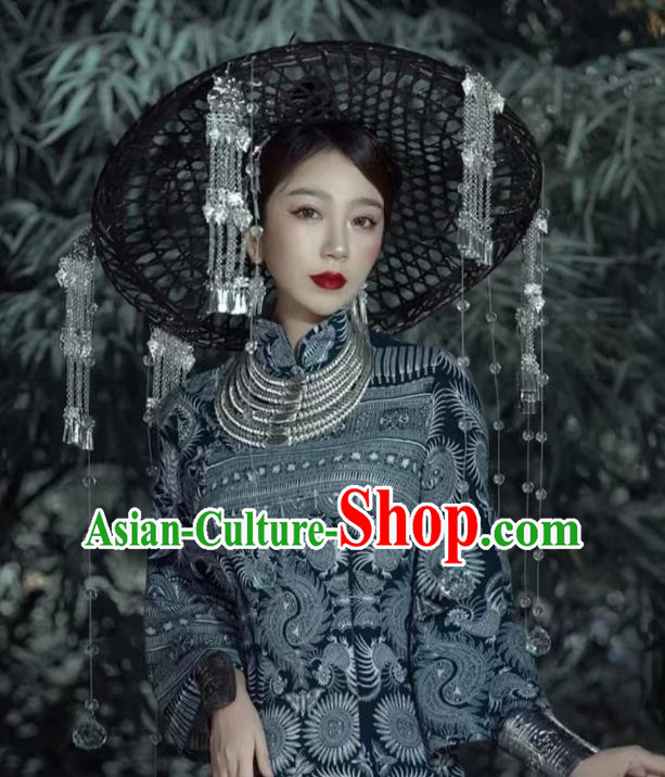 Miao Nationality Silver Hat Handmade Bucket Hat Miao Nationality Tujia Decorative Hat Phoenix Travel Photography Props Clothing