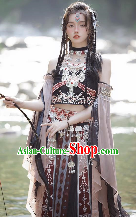 Ethnic Minority Costumes Exotic Hanfu Black Hani Printing Embroidery Silver Jewelry Complete Set