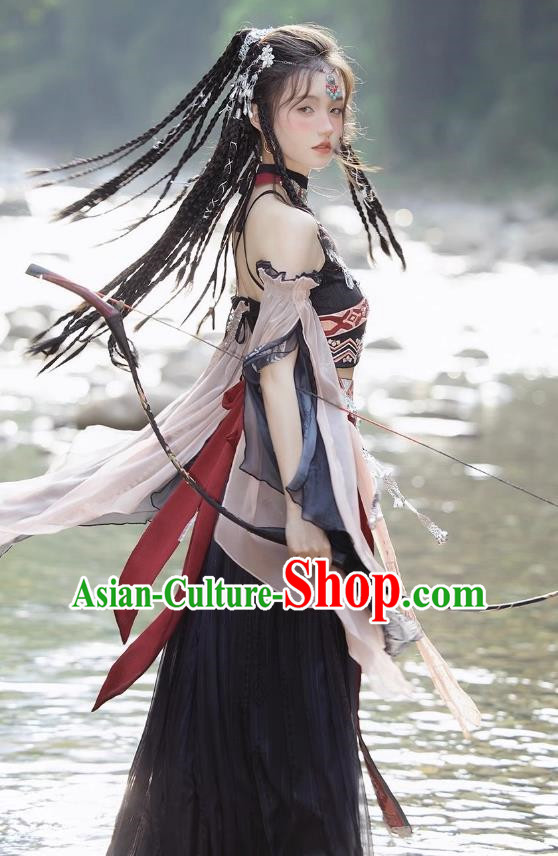 Ethnic Minority Costumes Exotic Hanfu Black Hani Printing Embroidery Silver Jewelry Complete Set