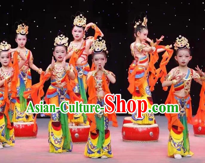 Children Dunhuang Flying Hanfu Costumes Music Drum Performance Costumes Dance Costumes Chinese Style Classical Dance Girls Costumes