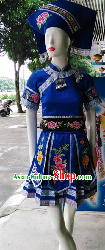 Blue Yi Zhuang National Costume Stage Dance Performance Hot Flower Pleated Skirt