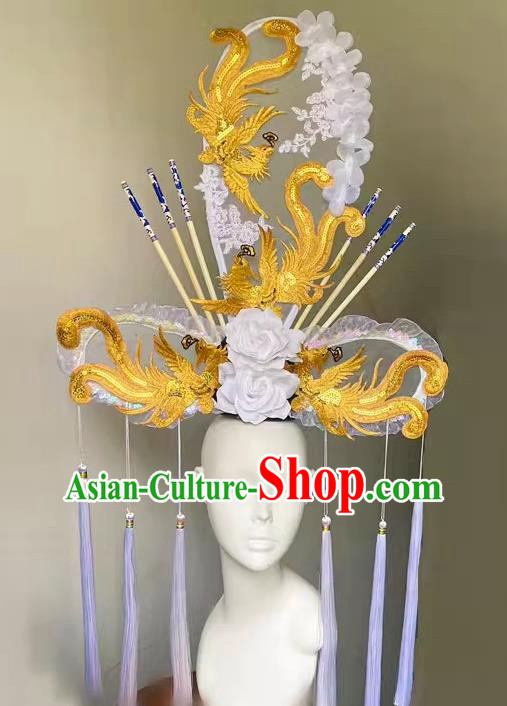 Chinese Style Blue And White Porcelain Headdress Catwalk Model Competition Exaggerated Makeup Modeling National Tide White Ancient Style Cheongsam Hair Accessories