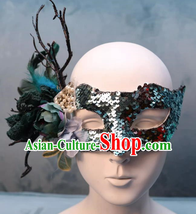 Venetian Green Flower Mask Feather Masked Singer Halloween Carnival Ball Party Mask