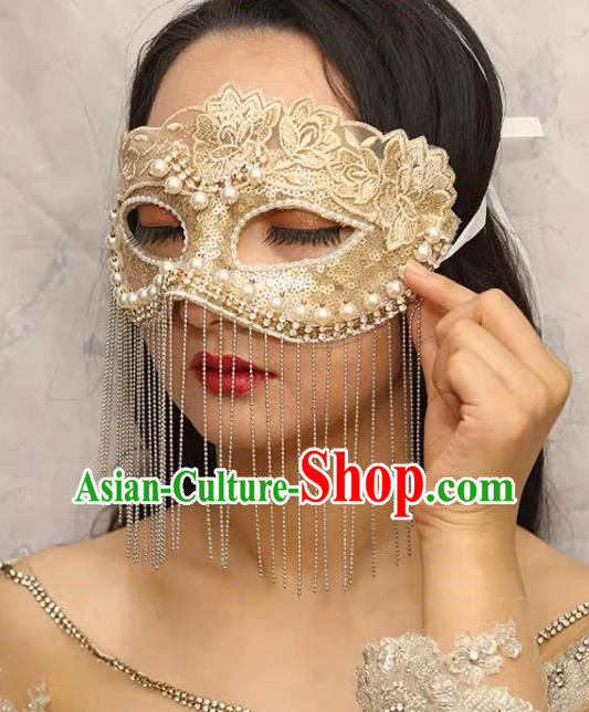 European And American Champagne Lace Retro Elegant Mysterious Mask Tassel Covering Masquerade Halloween Carnival Party