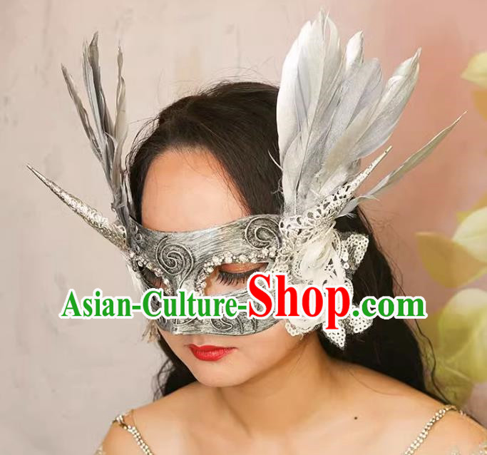Exaggerated Venetian Silver Flower Mask Feather Masked Singer Halloween Carnival Masquerade Party