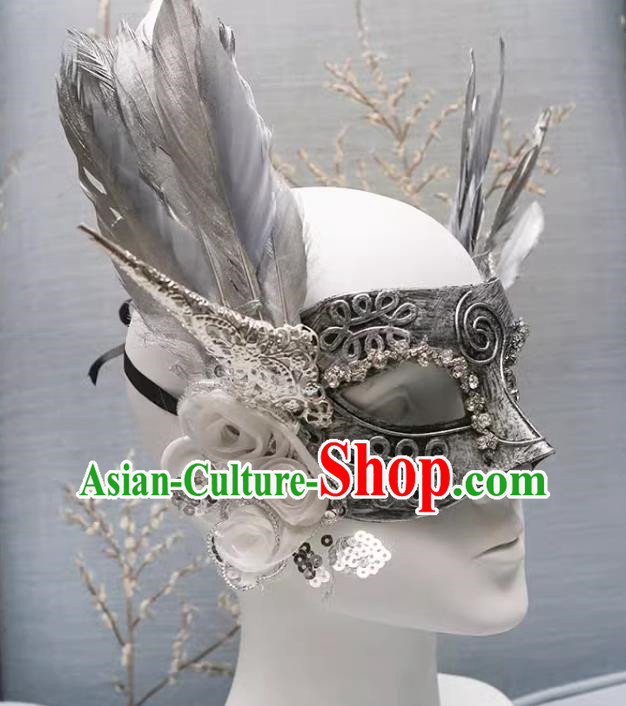 Exaggerated Venetian Silver Flower Mask Feather Masked Singer Halloween Carnival Masquerade Party