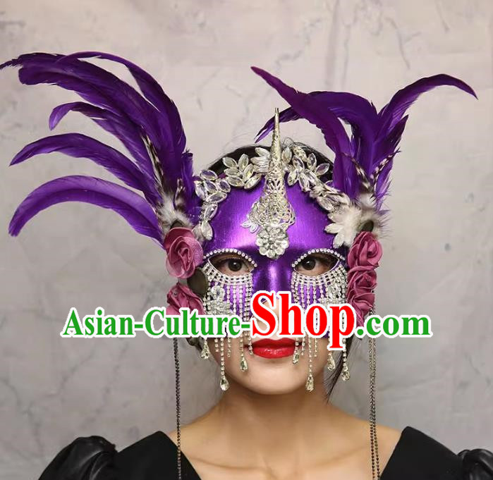 European And American Exaggerated Venetian Purple Flower Mask Feather Masked Singer Halloween Carnival Masquerade Party