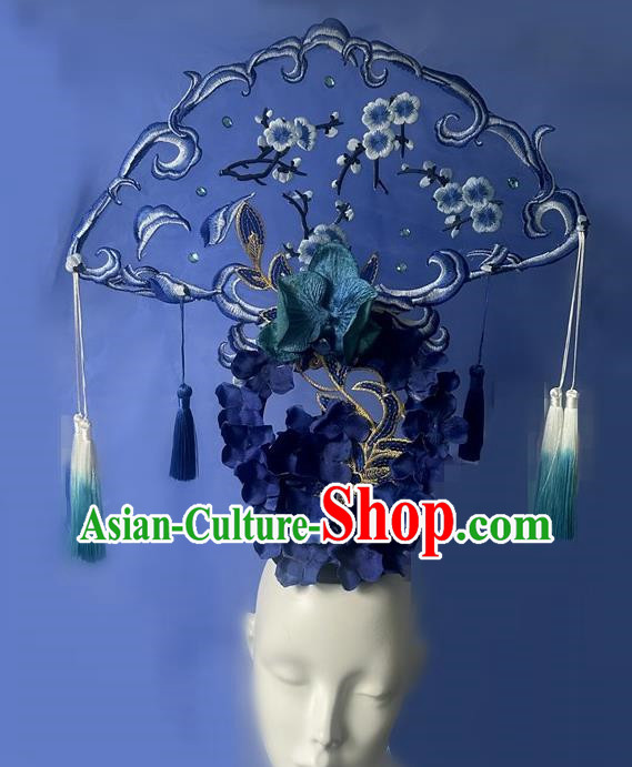 Chinese Style Blue And White Porcelain Blue National Tide Ancient Style Catwalk Model Competition Exaggerated Headdress Hair Accessories