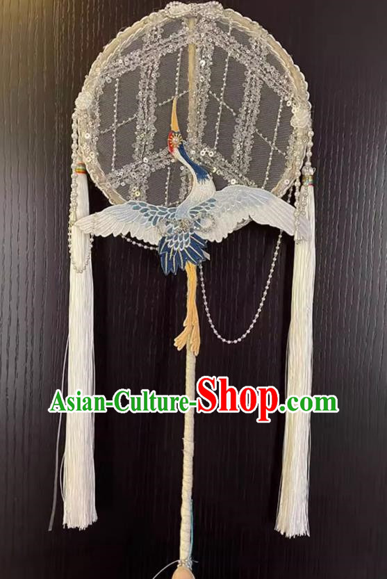 Embroidery Beads Heavy Industry Ancient Style Hanfu Long Handle Round Fan Handmade Palace Fan Dance Fan Chinese Style